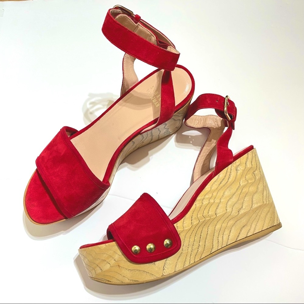 Stuart Weitzman Red Suede Wooden Platform Wedge Sandals